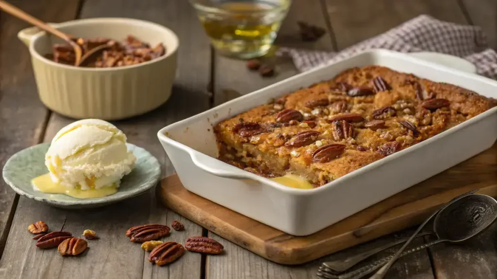 Delicious Pecan Dump Cake served warm with vanilla ice cream on a rustic table.