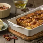 Delicious Pecan Dump Cake served warm with vanilla ice cream on a rustic table.