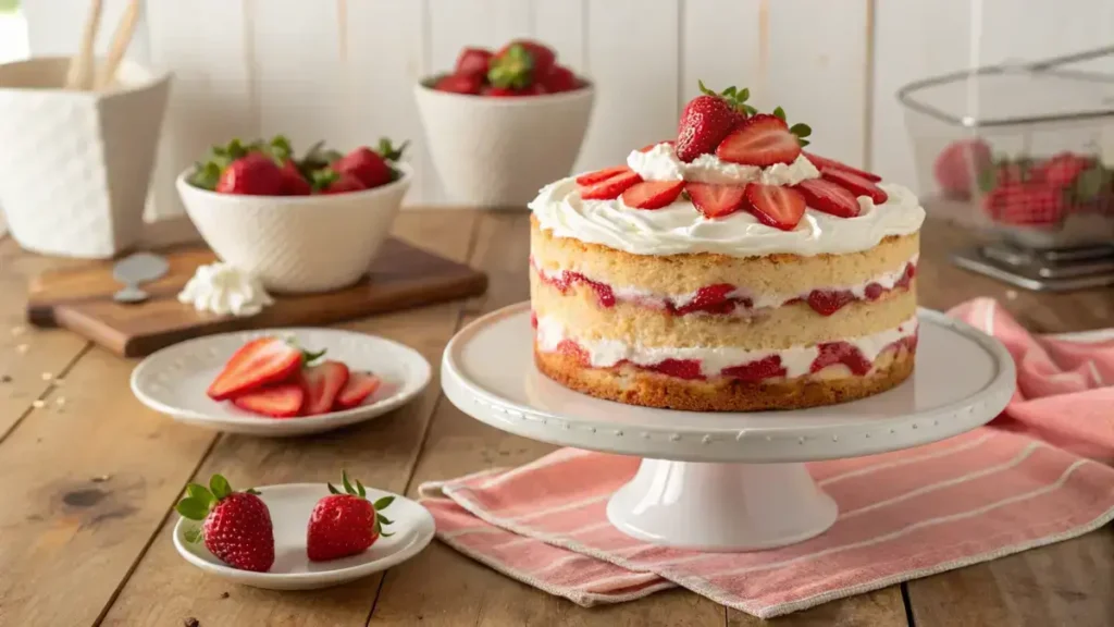 Delicious Strawberry Shortcake Poke Cake with whipped cream and fresh strawberries on top.