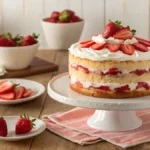 Delicious Strawberry Shortcake Poke Cake with whipped cream and fresh strawberries on top.