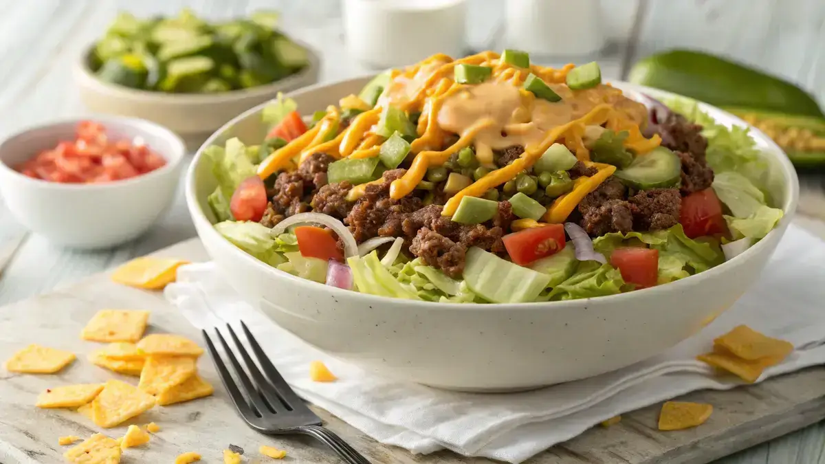 A tasty Big Mac Salad showcasing fresh greens and flavorful toppings.