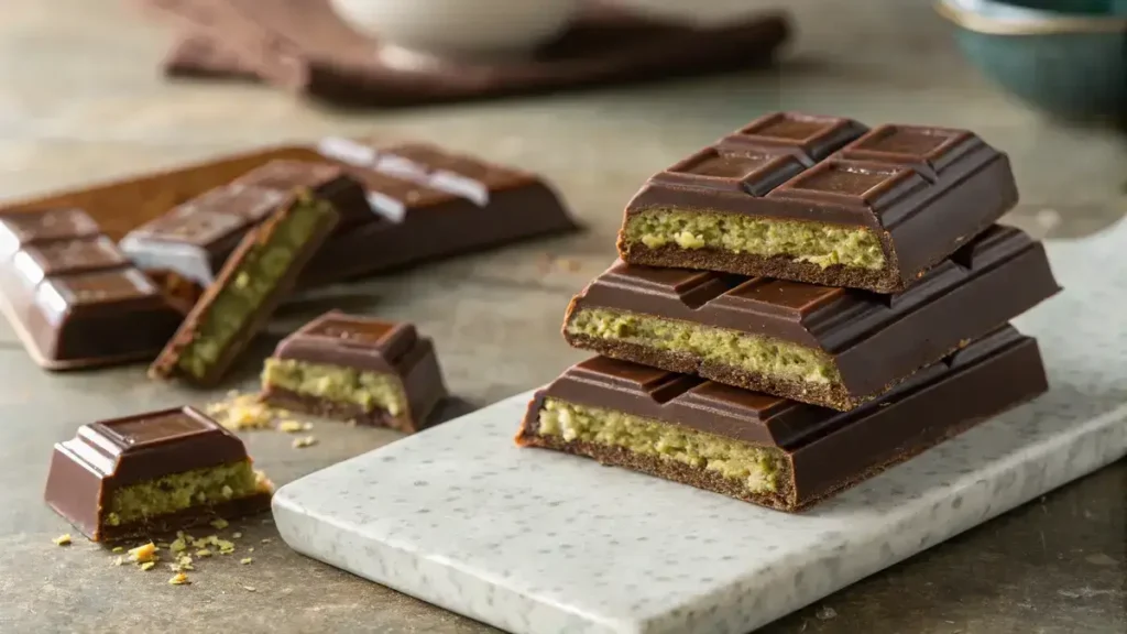 Close-up of stacked chocolate bars with gooey coconut filling, highlighting the glossy dark chocolate and textured layers.