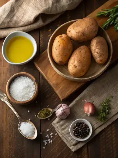 Ingredients for AIR FRYER BAKED POTATO displayed on a kitchen table.