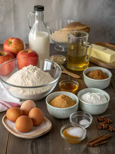 A collection of ingredients for APPLE CIDER DOUGHNUT CAKE displayed on a rustic kitchen table, including apple cider, flour, sugars, spices, eggs, and buttermilk.