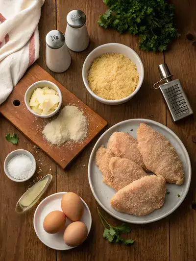 Ingredients for air fryer parmesan crusted chicken displayed on a wooden kitchen table, including chicken, cheese, breadcrumbs, eggs, and spices.