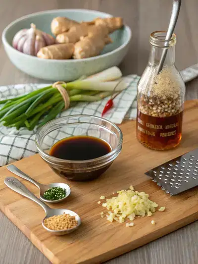 A kitchen table displaying various ingredients for an asian chicken marinade, including soy sauce, sesame oil, honey, rice vinegar, garlic, ginger, chili flakes, and green onions.