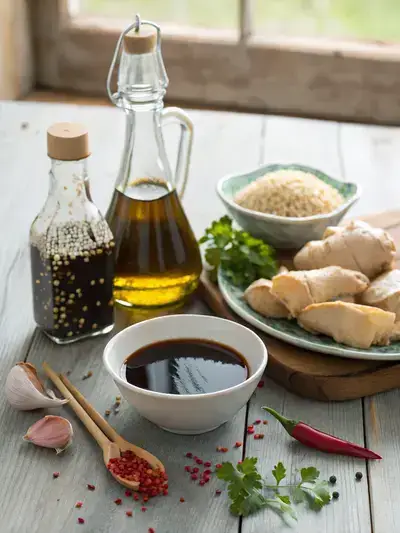 Ingredients for an asian marinade for chicken displayed on a wooden kitchen table, including soy sauce, sesame oil, honey, rice vinegar, garlic, ginger, chili flakes, black pepper, and green onions.