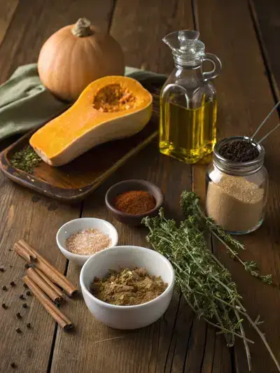 Ingredients for autumn frost squash recipe displayed on a kitchen table.