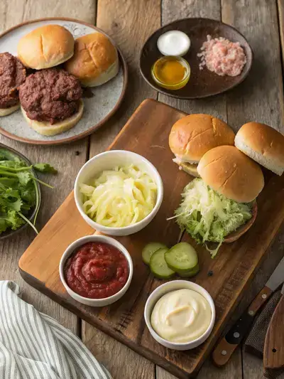 A vibrant display of ingredients for BIG MAC SLIDERS on a kitchen table, including ground beef, slider buns, cheese, lettuce, pickles, onions, and special sauce.