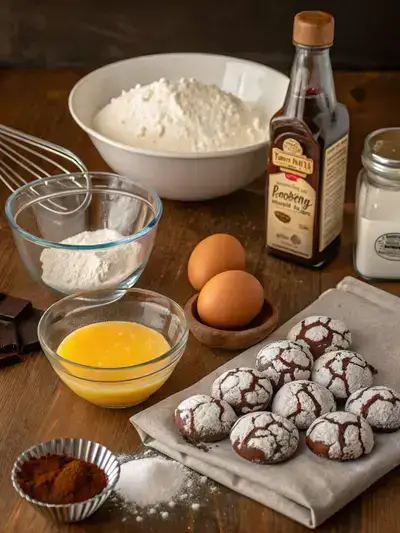 Ingredients for BROWNIE CRINKLE COOKIES displayed on a kitchen table.