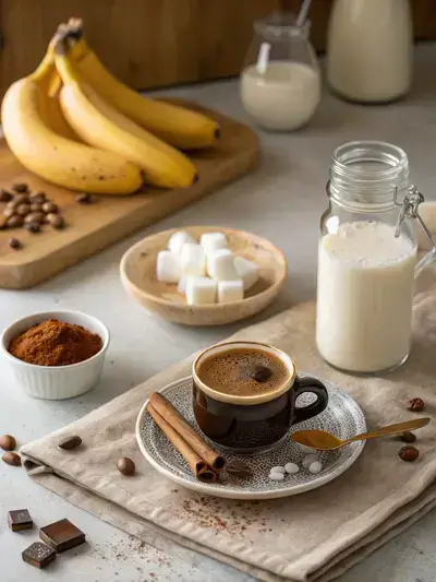 A kitchen table with ingredients for Banana Coffee including a banana, coffee, milk, sugar, cinnamon, and ice cubes.