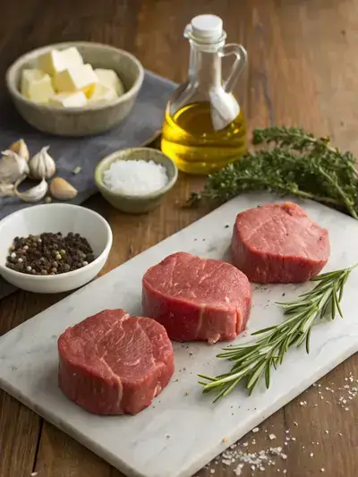 Ingredients for beef medallions displayed on a kitchen table, including beef medallions, garlic, rosemary, olive oil, butter, salt, and pepper.