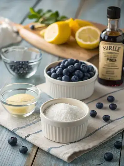 Ingredients for Blueberry Compote Recipe including blueberries, sugar, lemon, water, and vanilla extract.