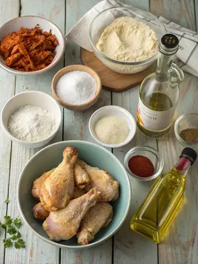 Ingredients for Broasted Chicken displayed on a kitchen table, including chicken pieces, buttermilk, flour, and spices.