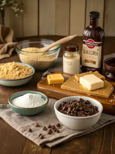 An assortment of ingredients for making buckeye bars, including graham cracker crumbs, peanut butter, and chocolate chips, arranged on a kitchen table.