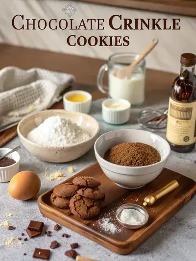 Ingredients for CHOCOLATE CRINKLE COOKIES arranged on a kitchen table.