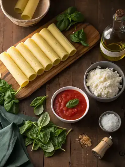 A kitchen table filled with ingredients for cannelloni pasta, including pasta tubes, ricotta cheese, spinach, mozzarella, tomato sauce, garlic, olive oil, salt, pepper, and fresh basil.