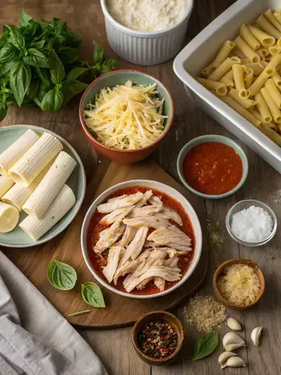 An assortment of ingredients for Chicken Baked Ziti laid out on a kitchen table, showcasing pasta, chicken, cheeses, and sauces.