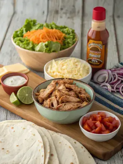 A vibrant assortment of ingredients for a chicken wing wrap, including tortillas, shredded chicken, fresh vegetables, and sauces, beautifully presented on a kitchen table.