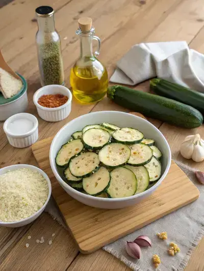 Fresh ingredients for Crispy Air-Fried Zucchini Chips displayed on a kitchen table.