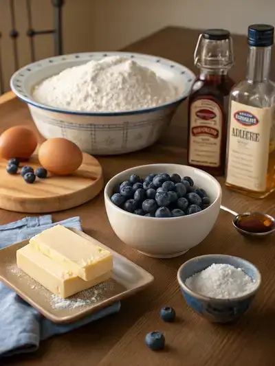 Ingredients for BLUEBERRY COOKIES displayed on a kitchen table, including flour, butter, sugar, and fresh blueberries.