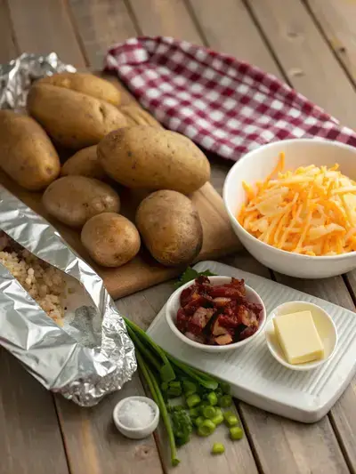 Ingredients for CAMPFIRE POTATOES laid out on a kitchen table, including potatoes, bacon, cheese, and toppings.