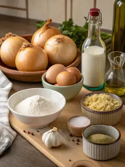 Fresh ingredients for making Onion Bombs displayed on a kitchen table.