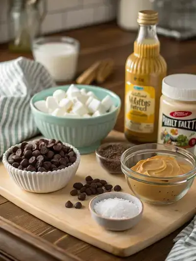 Ingredients for PEANUT BUTTER MARSHMALLOW CUPS displayed on a kitchen table.