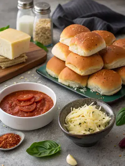 An assortment of ingredients for pizza sliders including slider buns, pizza sauce, mozzarella cheese, and pepperoni.