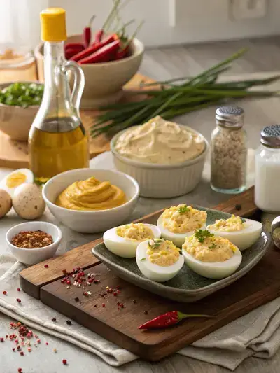 A display of ingredients for devilled eggs on a kitchen table, including hard-boiled eggs, mayonnaise, mustard, vinegar, salt, pepper, and paprika.