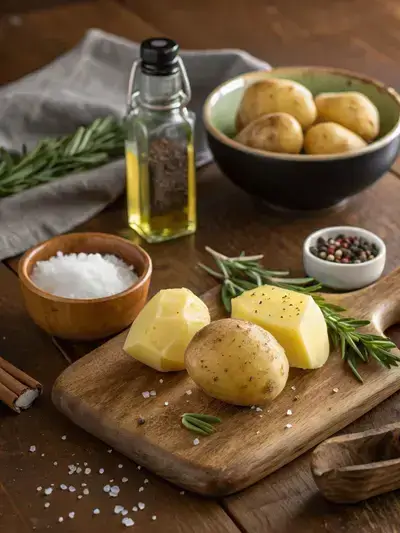 Fresh diced potatoes with olive oil, salt, pepper, and rosemary on a kitchen table.