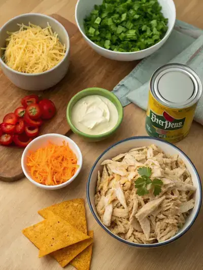 A kitchen table filled with fresh ingredients for Doritos Chicken Casserole, showcasing vibrant colors and textures.