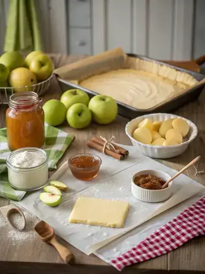 Ingredients for a French apple tart displayed on a kitchen table.