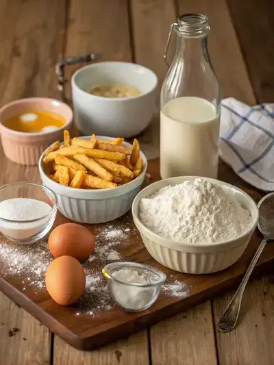 Ingredients for funnel cake fries displayed on a kitchen table.