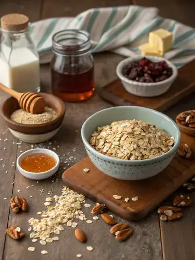 Ingredients for Homemade Granola Bars displayed on a kitchen table, including oats, nuts, honey, and dried fruits.