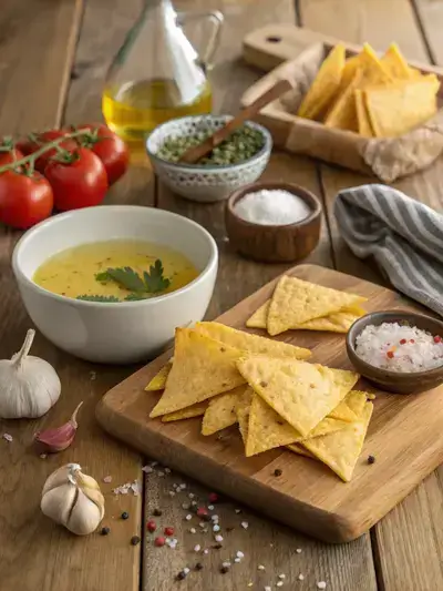 Ingredients for Tortilla Chips including corn tortillas, vegetable oil, and salt on a wooden table.