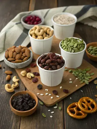 Ingredients for homemade trail mix displayed on a rustic wooden kitchen table.