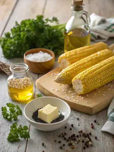 Ingredients for Honey Butter Skillet Corn displayed on a kitchen table.