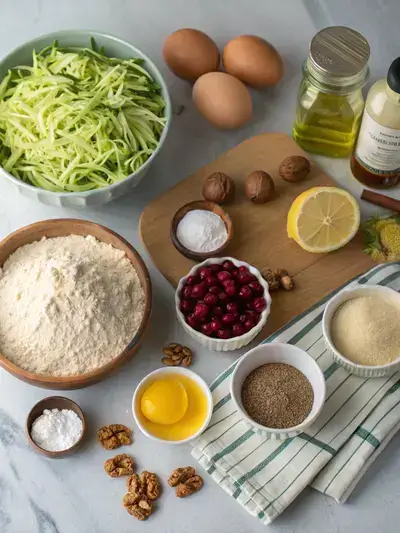 A variety of ingredients for LEMON CRANBERRY ZUCCHINI BREAD displayed on a kitchen table, including zucchini, flour, sugars, eggs, and cranberries.