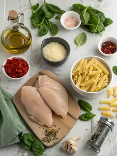 A colorful assortment of ingredients for marry me chicken pasta laid out on a kitchen table.