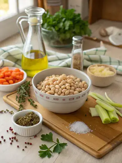 A kitchen table displaying various ingredients for a navy bean recipe, including dried navy beans, olive oil, diced onion, minced garlic, sliced carrots, celery, vegetable broth, thyme, bay leaf, salt, pepper, and fresh parsley.