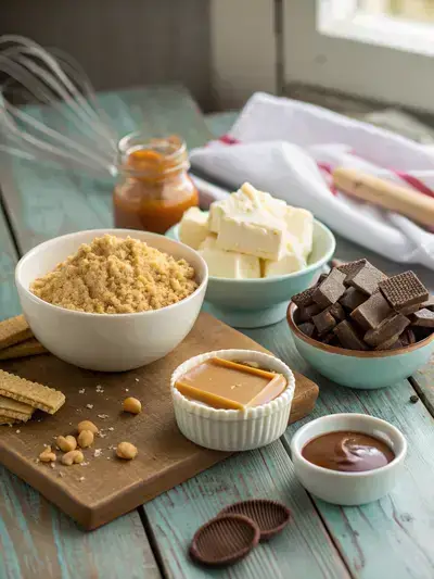 Ingredients for Peanut Butter Lasagna displayed on a wooden kitchen table, including graham crackers, butter, cream cheese, peanut butter, powdered sugar, whipped topping, mini peanut butter cups, and hot fudge sauce.