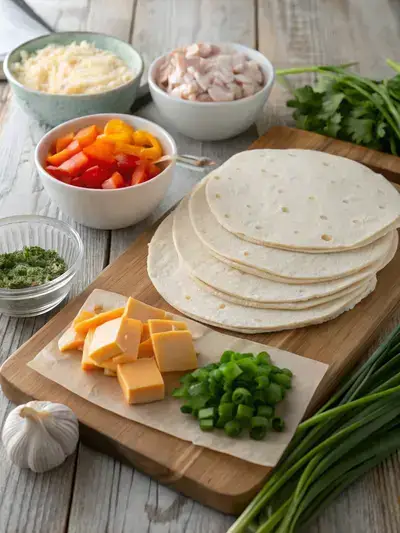 A colorful assortment of ingredients for pinwheel sandwiches, including tortillas, cream cheese, turkey, cheddar cheese, bell peppers, spinach, green onions, and spices, arranged on a wooden table.