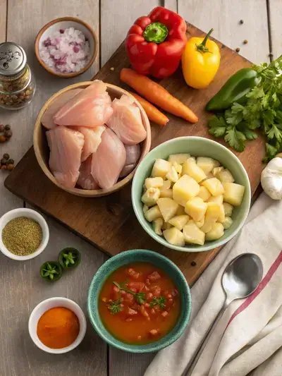 A vibrant display of ingredients for pollo guisado on a wooden kitchen table, featuring chicken, vegetables, and spices.