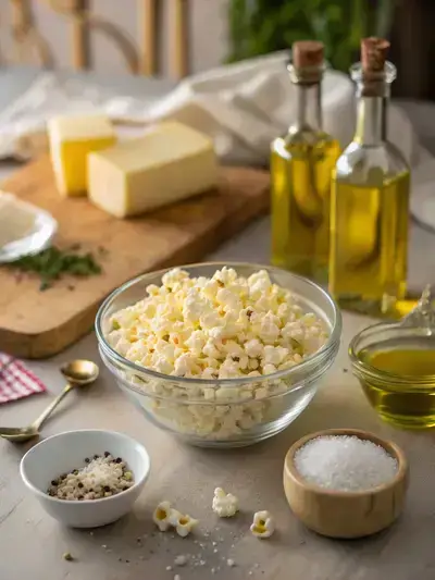 A kitchen table displaying ingredients for popcorn butter, including popcorn kernels, butter, olive oil, salt, and sugar.