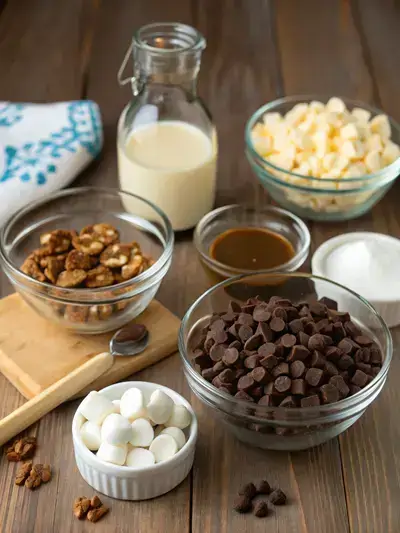 Ingredients for making ROCKY ROAD FUDGE displayed on a kitchen table, including chocolate chips, marshmallows, and nuts.