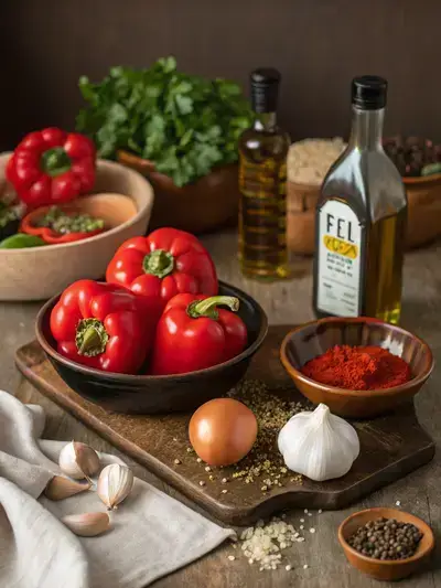 A colorful assortment of ingredients for Shakshouka, including bell peppers, garlic, onion, and tomatoes, arranged on a kitchen table.