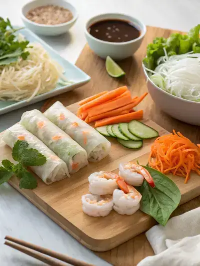 A variety of fresh ingredients for shrimp spring rolls displayed on a wooden kitchen table.