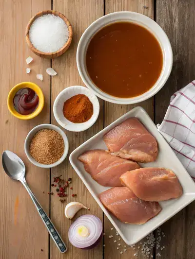 Ingredients for Slow Cooker BBQ Chicken displayed on a kitchen table.