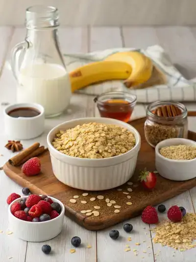 A kitchen table displaying ingredients for a sorghum flakes recipe, including a bowl of sorghum flakes, plant-based milk, maple syrup, ground cinnamon, salt, fresh berries, and sliced banana.